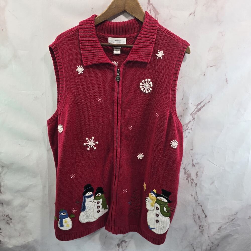 Ugly Christmas Sweater Vest Womens 2X Snowman Zip Cardigan 90s Vintage Cotton